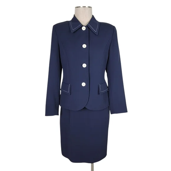 Kasper ASL Skirt Suit 6 Navy White Thick Stitch Flap Pockets Ribbed Long Sleeve - Picture 2 of 8
